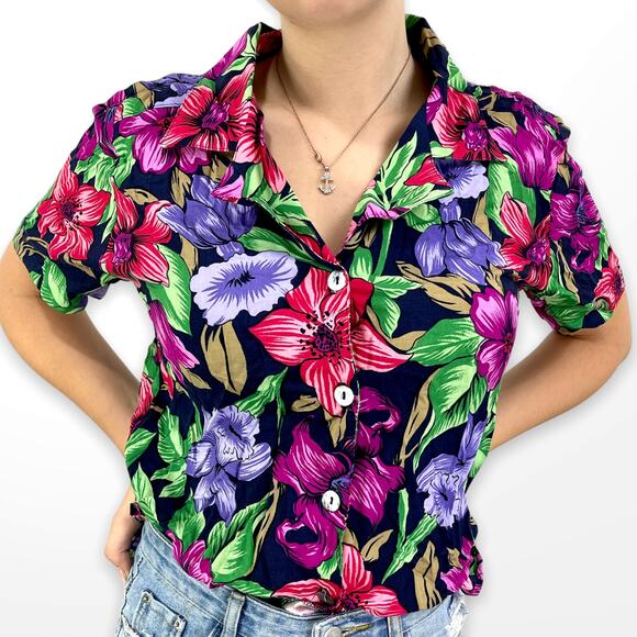 90s NOTATIONS Vintage Floral Print Button Up Top - Picture 5 of 6